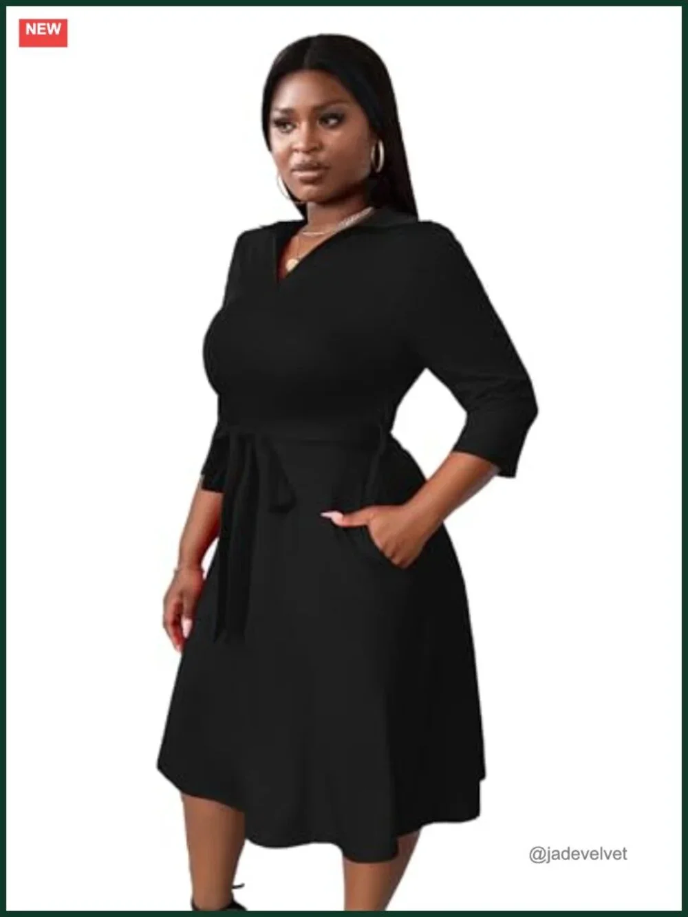 Plus Size Midi Dress with Pockets and Belt - A-Line Flutter Sleeve